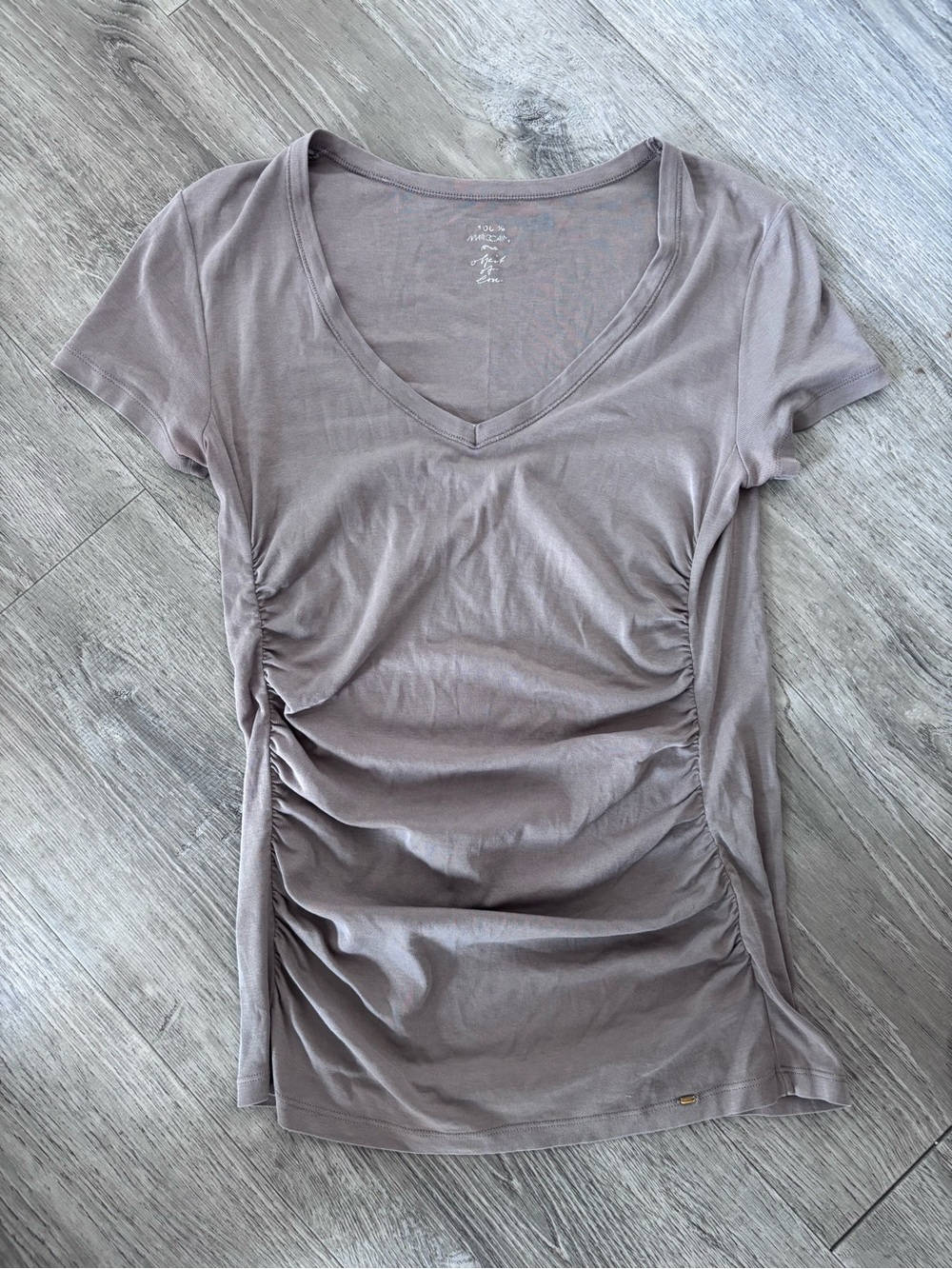 Marc Cain Taupe Ruched V‑Neck Short Sleeve Top
